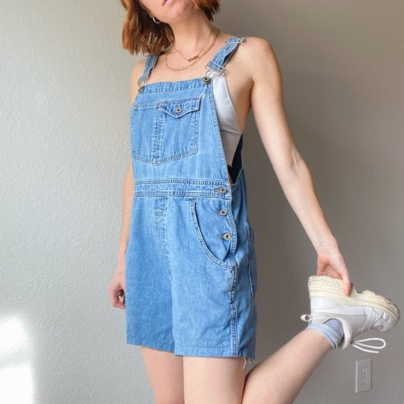 Vintage 1990s Gap Blue Jeans Denim Overall Shorts - Picture 2 of 5
